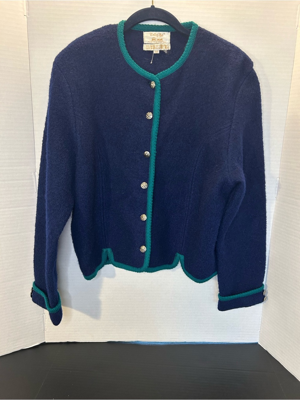 VTG 80s Tally Ho 100% Wool Sweater Cardigan Ruby Women’s Size 12 Navy Teal Trim